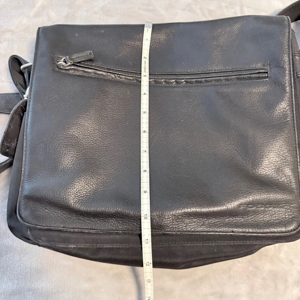 Fossil Black Leather Nylon Messenger Bag Organizer Laptop Crossbody Adjustable